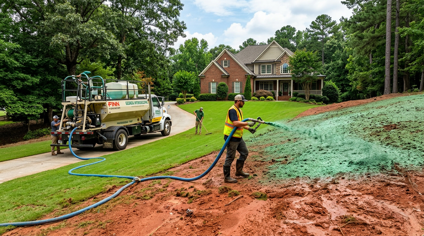 Hydroseeding crew applying seed mixture to bare soil on a metro Atlanta lawn