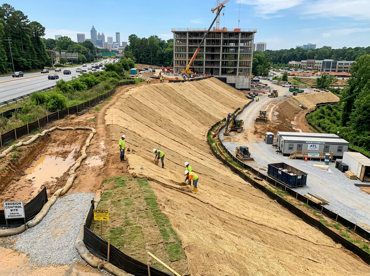 Erosion control and straw blanket installation on an active commercial construction site
