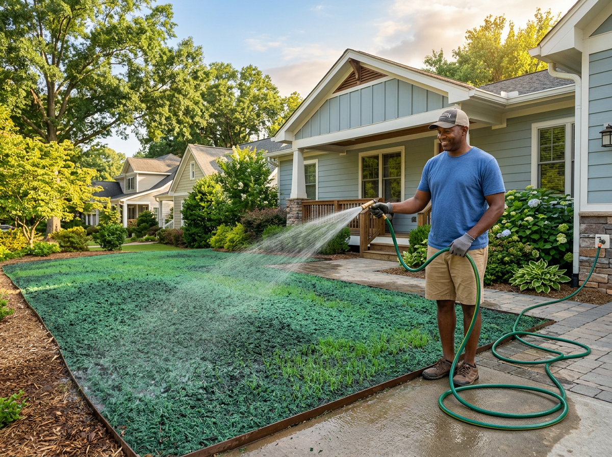 Watering fresh hydroseeded lawn with hose