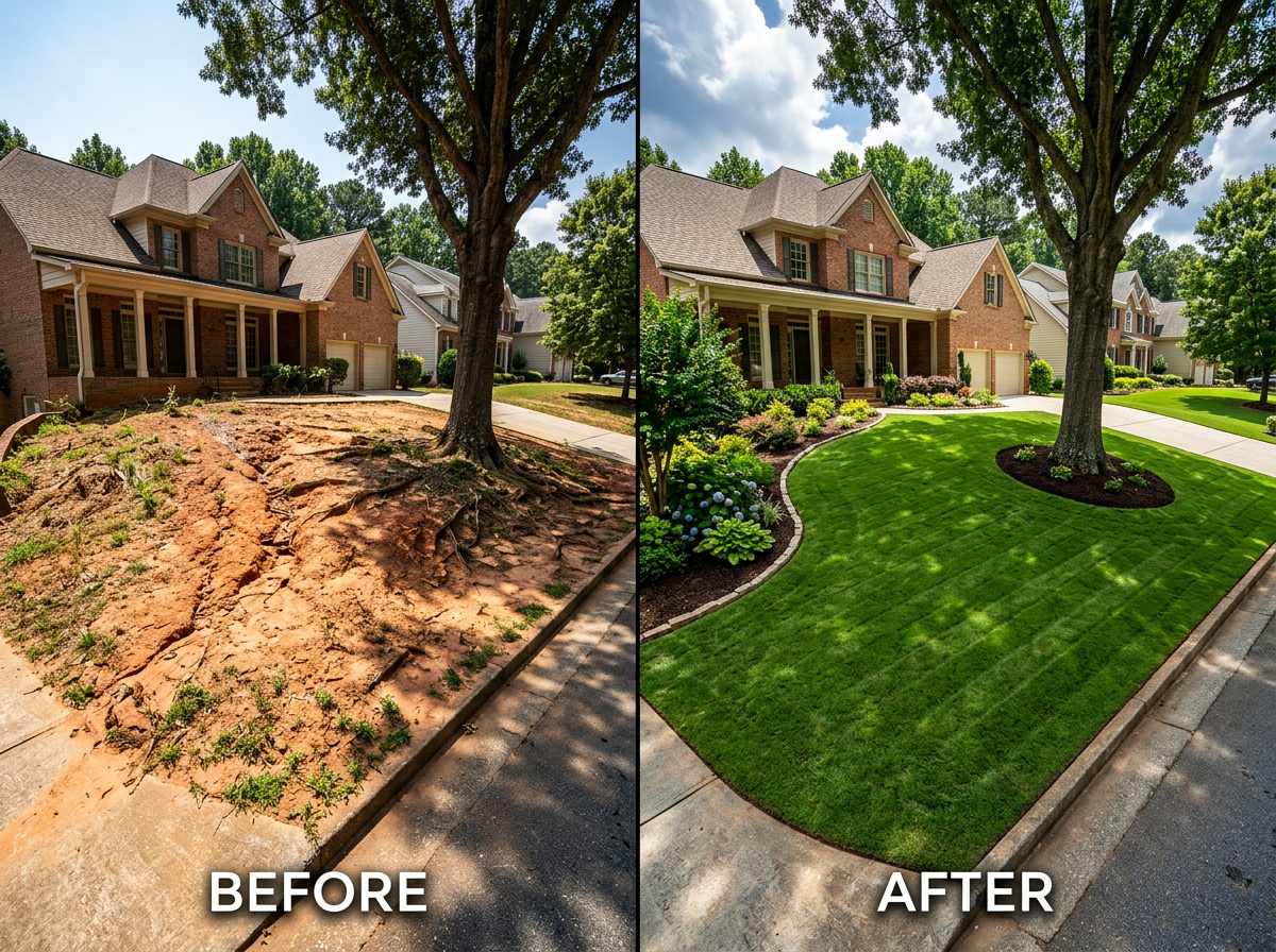 Before and after transformation of a residential lawn