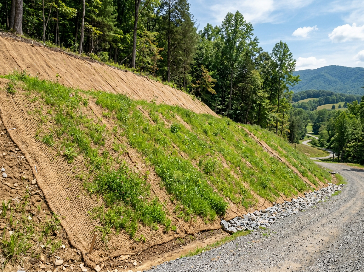 Sloped hillside treated with protective hydroseeding